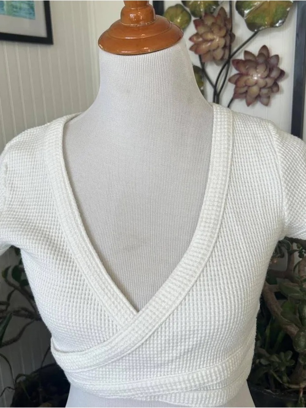 Urban Outfitters Waffle Knit Scoop Wrap Top in Ivory